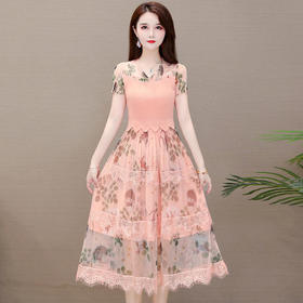 YWEZ20231气质减龄蕾丝过膝印花大码连衣裙