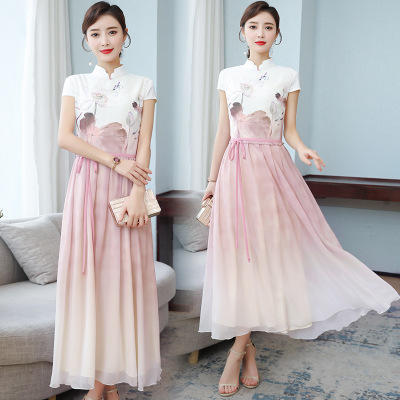 HT-9279夏季新款改良旗袍奥黛假两件套装连衣裙渐变中国风中长款 商品图0