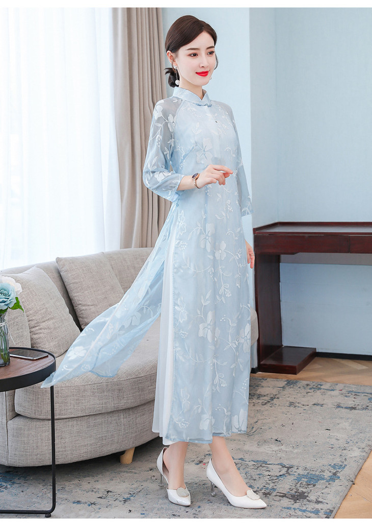 ht8039气质收腰立领盘扣改良旗袍高开叉奥黛飘逸长裙连衣裙