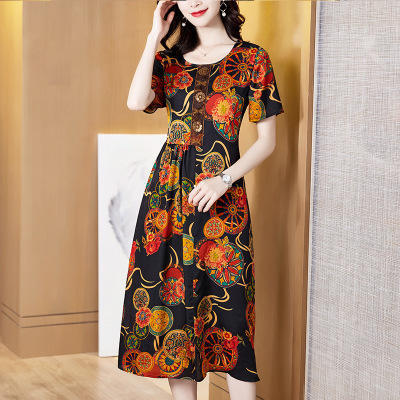 X8202959夏季花色新品修身显瘦圆领桑蚕丝女裙 商品图0