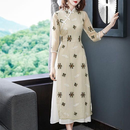 THX-020204218新款气质立领复古百搭五分袖立领时尚印花连衣裙 商品图3