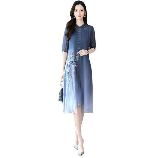 DD-6046中国风文艺印花双层真丝连衣裙 商品图4