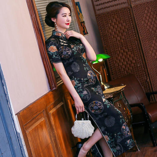 AN-10719春夏新款复古气质修身显瘦真丝旗袍 商品图0