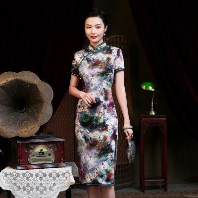 QH-JYJ01-12新款精工中长复合丝绸双层旗袍 商品图0