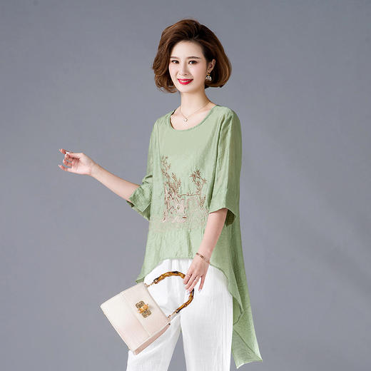 MQ-CF1981夏装中长款短袖纯苎麻圆领绣花上衣YY 商品图1