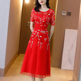 ML  3044002收腰显瘦长款礼服网纱绣花钉珠大摆连衣裙