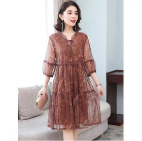 DD-2304法式宽松妈妈五分袖a字裙子轻熟风气质连衣裙