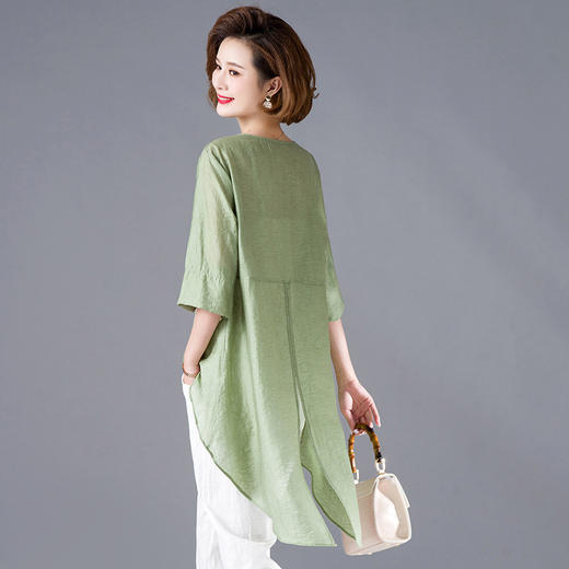 MQ-CF1981夏装中长款短袖纯苎麻圆领绣花上衣YY 商品图3