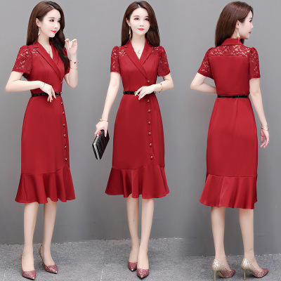 WEXYKL-AS217蕾丝拼接中长款过膝连衣裙 商品图0