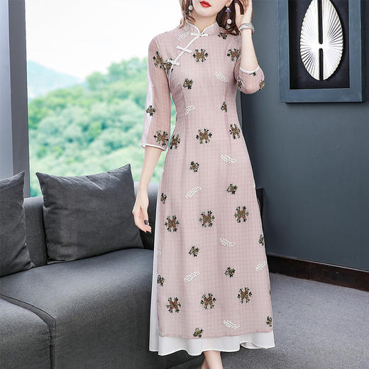 THX-020204218新款气质立领复古百搭五分袖立领时尚印花连衣裙 商品图1