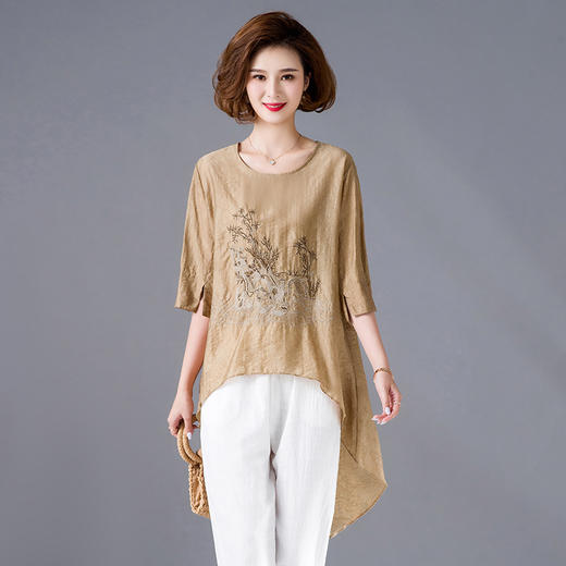 MQ-CF1981夏装中长款短袖纯苎麻圆领绣花上衣YY 商品图2