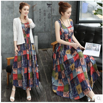 DD-6807夏装新款文艺棉麻两件宽松显瘦大摆裙套装 商品图0