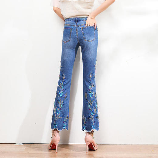 XTY-2-693新款时尚高腰弹力刺绣花钉珠微喇牛仔裤 商品图2