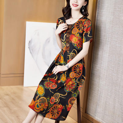 X8202959夏季花色新品修身显瘦圆领桑蚕丝女裙 商品图1