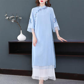 THX-020104017新款女神范高腰宽松复古中国风七分袖立领刺绣连衣裙