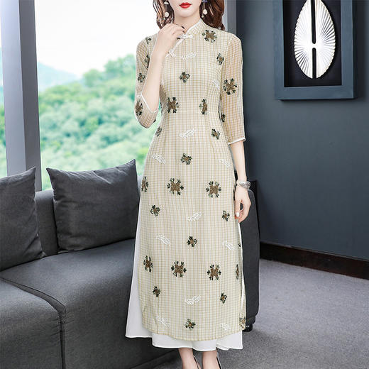 THX-020204218新款气质立领复古百搭五分袖立领时尚印花连衣裙 商品图0