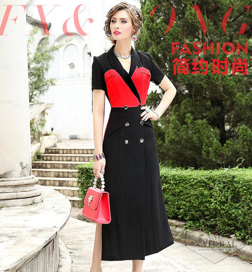 FMY23510新款时尚修身短袖撞色拼接连衣裙 商品图0