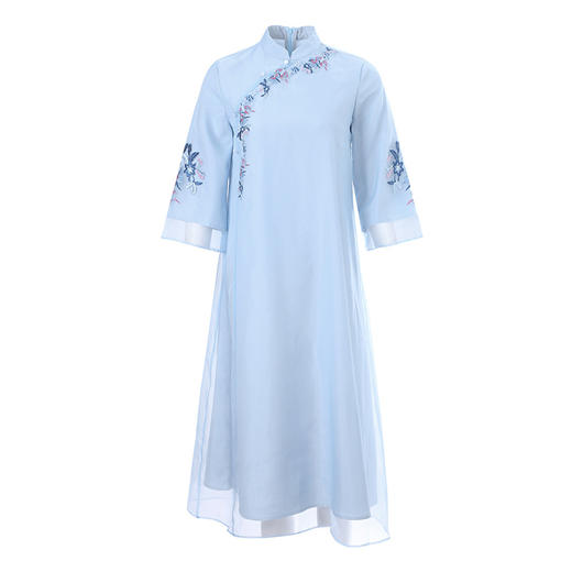 THX-020104017新款女神范高腰宽松复古中国风七分袖立领刺绣连衣裙 商品图4