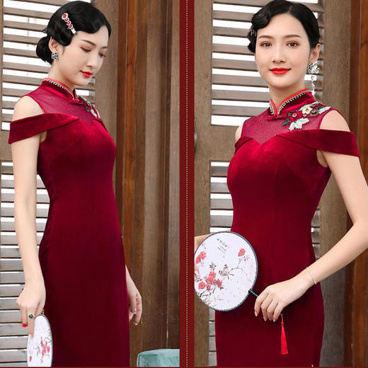 DLQ-A2161新款高档时尚丝绒长改良旗袍 商品图0