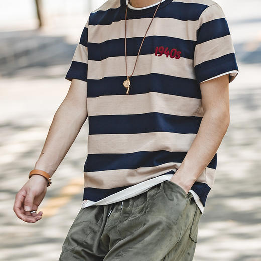 限时秒杀美式复古vintage简约条纹短tee阿美咔叽重磅纯棉t恤男夏