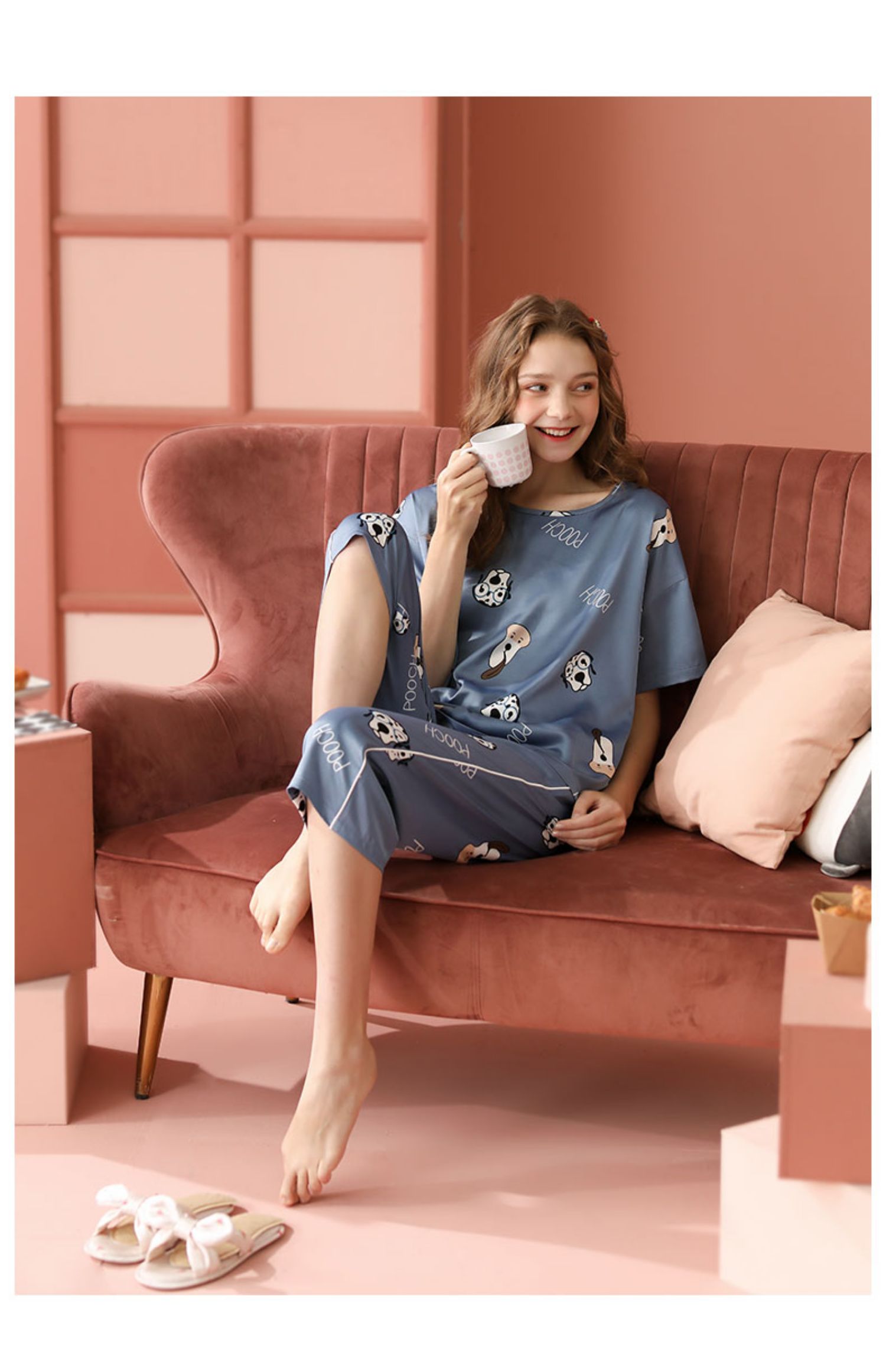 可人儿2020新款睡衣女夏季七分裤短袖甜美可爱短裤套装简约家居服