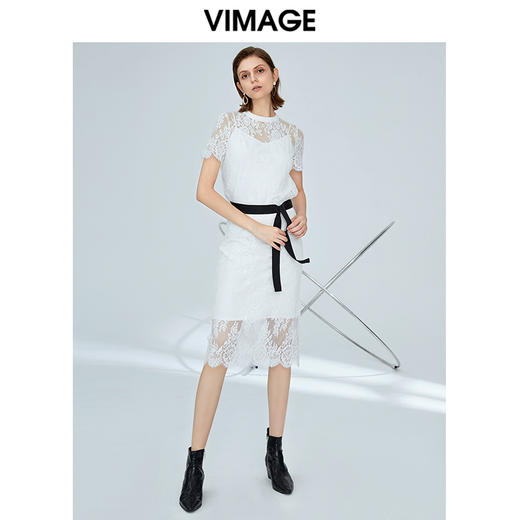 vimage纬漫纪设计师品牌新款夏季时尚通勤OL短袖圆领蕾丝衫上衣女V1113724 商品图1