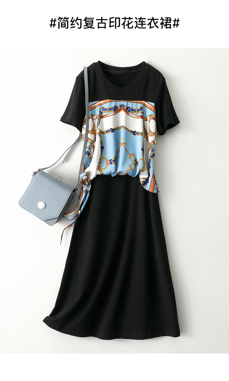 ihimi夏季新品ks简约时尚圆领拼贴复古印花腰间可系带装饰显瘦连衣裙