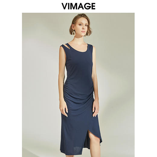 VIMAGE纬漫纪女装春季新款性感褶皱开叉气质优雅修身背心连衣裙V1107758 商品图2