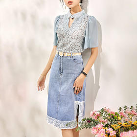 WLZD-2008702法式复古时髦蕾丝上衣+牛仔开叉半裙两件套装