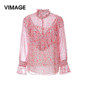 VIMAGE纬漫纪春夏季女装印花雪纺小上衣长袖T恤衫小衬衣V1313915