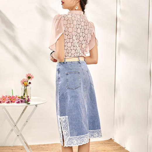 WLZD-2008702法式复古时髦蕾丝上衣+牛仔开叉半裙两件套装 商品图1