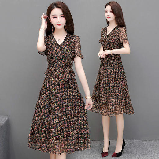 YWE-KL20A210气质雪纺大码修身短袖印花连衣裙 商品图0