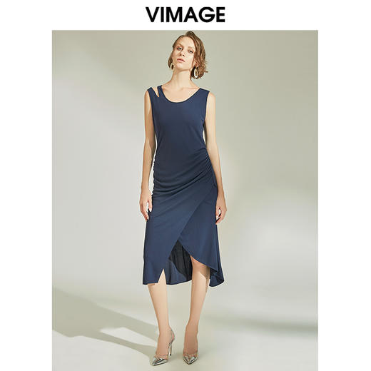 VIMAGE纬漫纪女装春季新款性感褶皱开叉气质优雅修身背心连衣裙V1107758 商品图1