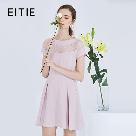 EITIE爱特爱夏季新款时尚网纱镂空拼接收腰百褶A字连衣裙女裙B20074102 商品图0