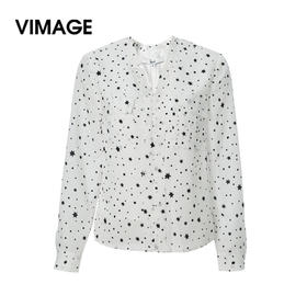 VIMAGE纬漫纪春夏季女装印花雪纺小上衣长袖T恤衫小衬衣V1309930