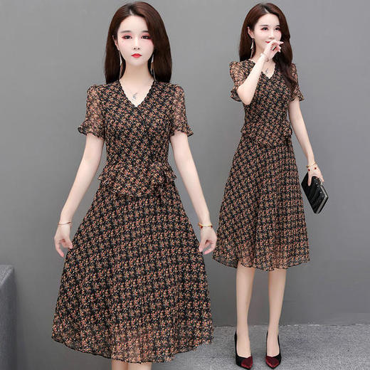 YWE-KL20A210气质雪纺大码修身短袖印花连衣裙 商品图1