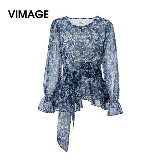 VIMAGE纬漫纪女装初春夏长袖浪漫印花修身雪纺衫小上衣V1313917 商品图4