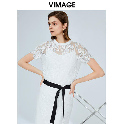 vimage纬漫纪设计师品牌新款夏季时尚通勤OL短袖圆领蕾丝衫上衣女V1113724 商品图2