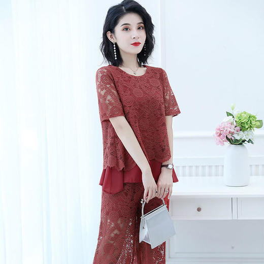P-中年妈妈时尚蕾丝阔腿裤大码套装 商品图4