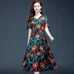 WE-2017韩版印花时尚中长款气质修身显瘦优雅连衣裙