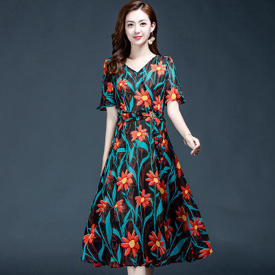 WE-2017韩版印花时尚中长款气质修身显瘦优雅连衣裙 商品图0