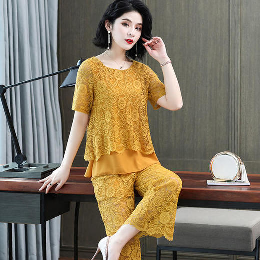 P-中年妈妈时尚蕾丝阔腿裤大码套装 商品图1