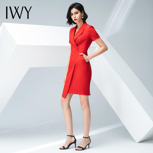 IWY/红色西装连衣裙女夏季短袖V领职业包臀开叉气质显瘦裙子202004Q1 商品图9