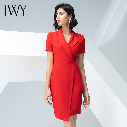 IWY/红色西装连衣裙女夏季短袖V领职业包臀开叉气质显瘦裙子202004Q1 商品图2