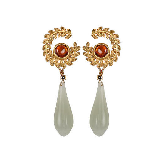 CWSS新款纯银麦穗和田玉兰花复古气质耳坠 商品图4