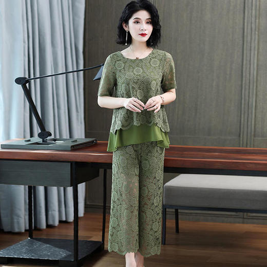 P-中年妈妈时尚蕾丝阔腿裤大码套装 商品图2