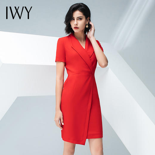 IWY/红色西装连衣裙女夏季短袖V领职业包臀开叉气质显瘦裙子202004Q1 商品图0