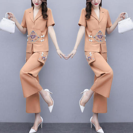 HR-ZMFS20397复古简约中国风刺绣上衣阔腿裤两件套 商品图1