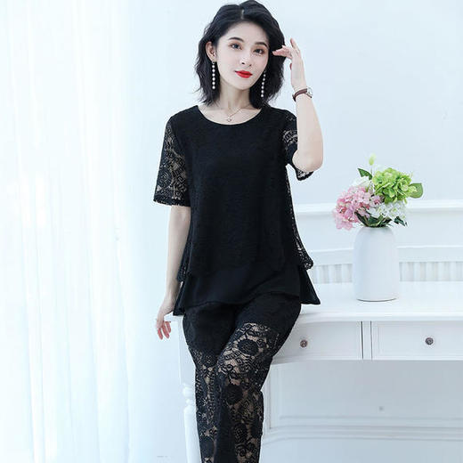 P-中年妈妈时尚蕾丝阔腿裤大码套装 商品图3