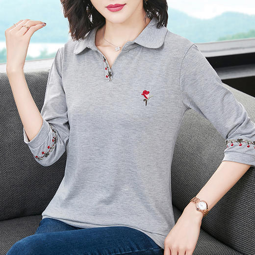 AHM-zjfs5676大码宽松翻领新款韩版刺绣中长袖妈妈polo衫潮 商品图0